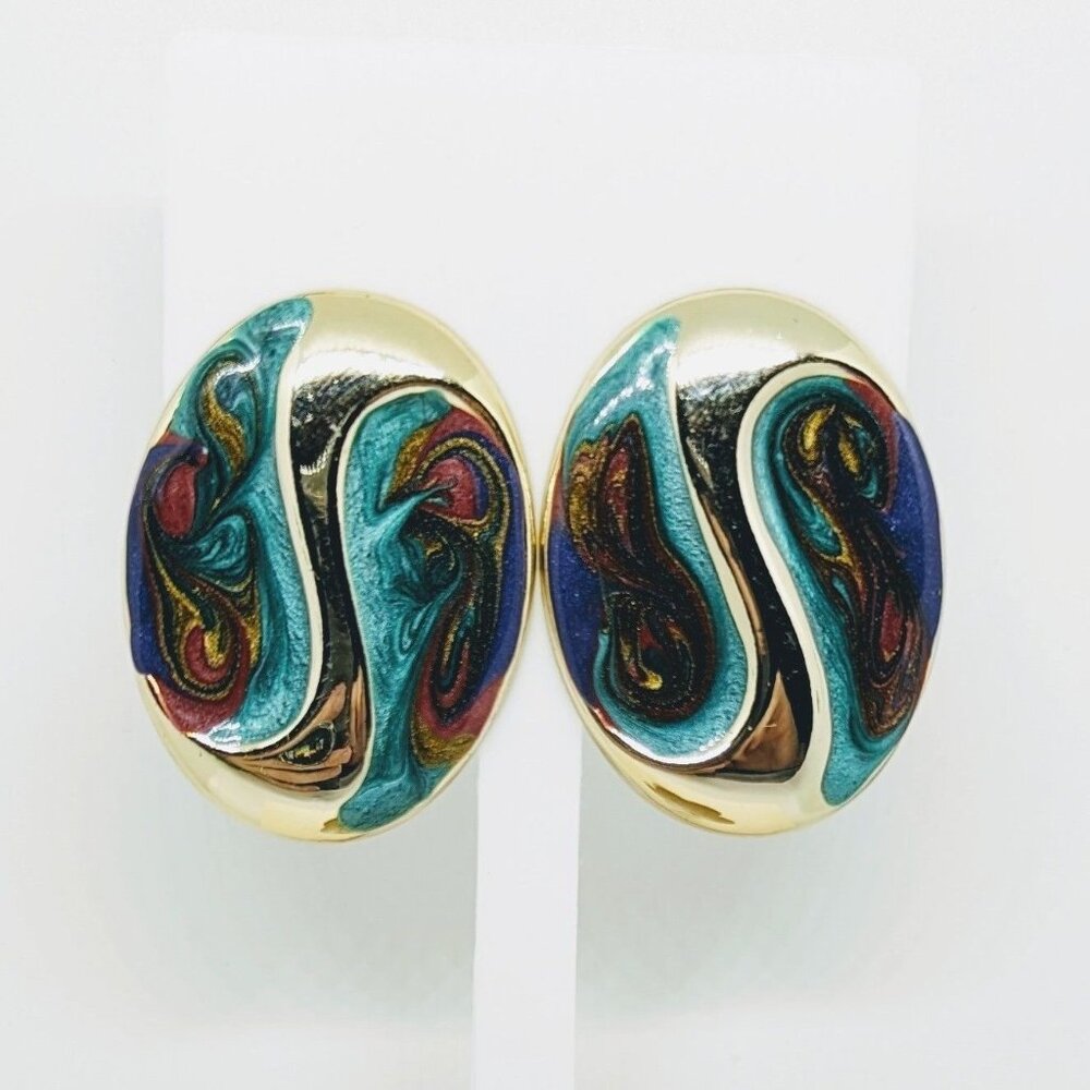 Vtg 90s Artisan Enamel Swirl Pierced Earrings Gold Tone Abstract Yin Yang Oval